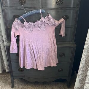 Meadow Rue Pink Lace Trim Off-Shoulder Blouse